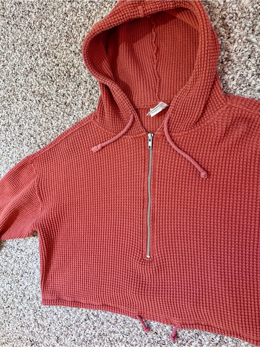 Vintage 90s Moda Int'l Brick Red Cropped Waffle Quarter Zip Hoodie Size M